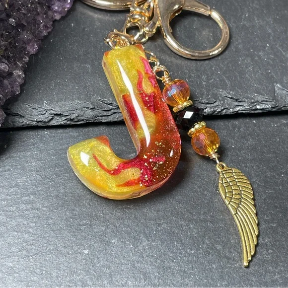 Custom Flames Initial “J” Keychain with Crystal Wing Charm - Picture 4 of 6